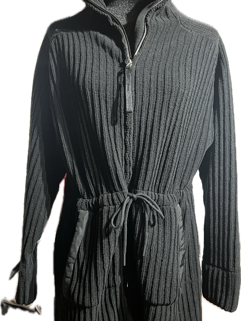 Black Ribbed Athletic Zip-Front Drawstring Cardigan Sweater